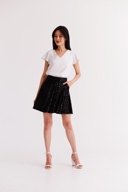 Buttoned Flutter Sleeve Blouse + Box Pleated Skirt Set
